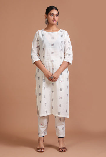 Set Of 2: White & Black Cotton Plain Kurta & Pant Set